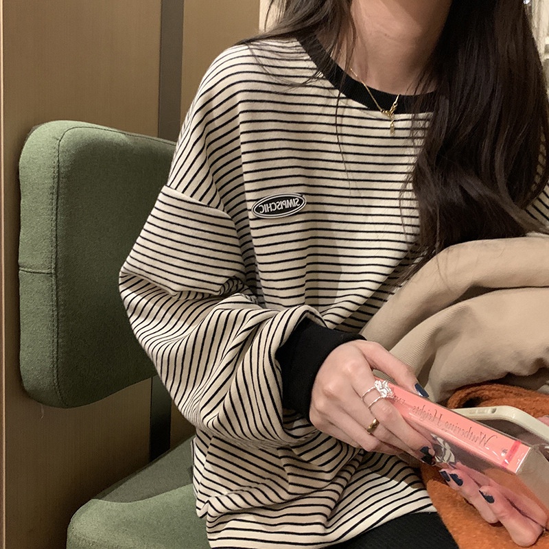 Áo Thun Sweater Cổ Tròn Tay Dài Dáng Rộng Kẻ Sọc Thời Trang Mùa Thu Mới Cho Nữ