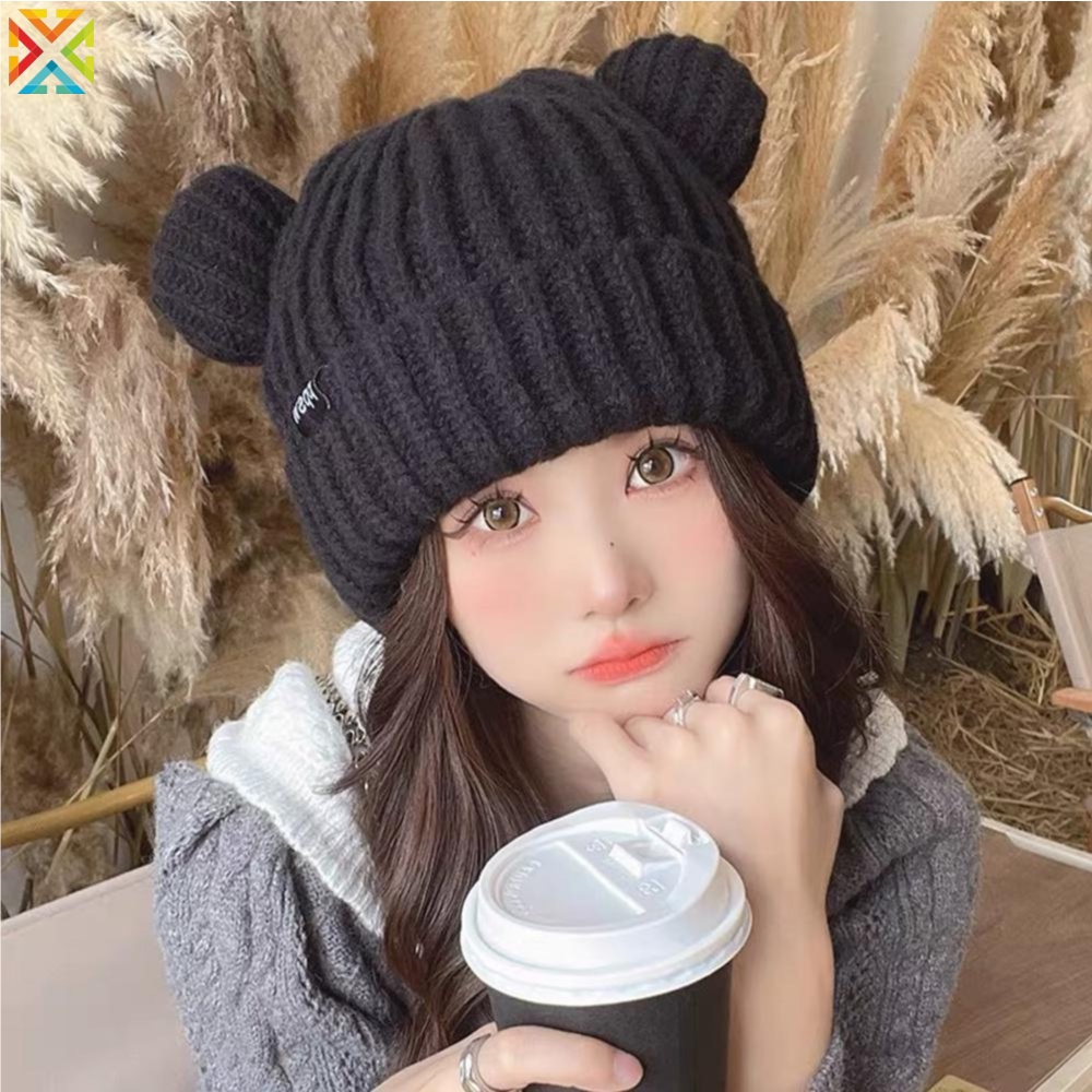 Mũ Len Dày Dặn Mềm Mại Đính Tai Gấu Bông Phong Cách harajuku Hàn Quốc Dễ Thương y2k