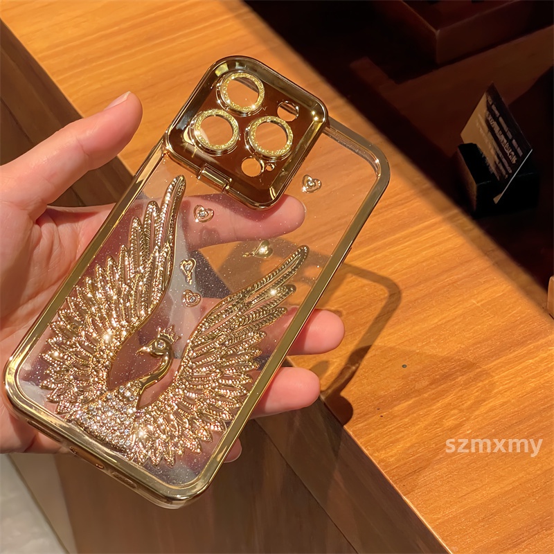 Sang Trọng Ốp Điện Thoại Dẻo Trong Suốt Mạ Điện Lấp Lánh Kèm Giá Đỡ Hình Chim Công Cho iphone 15 14 11 13 12 pro max
