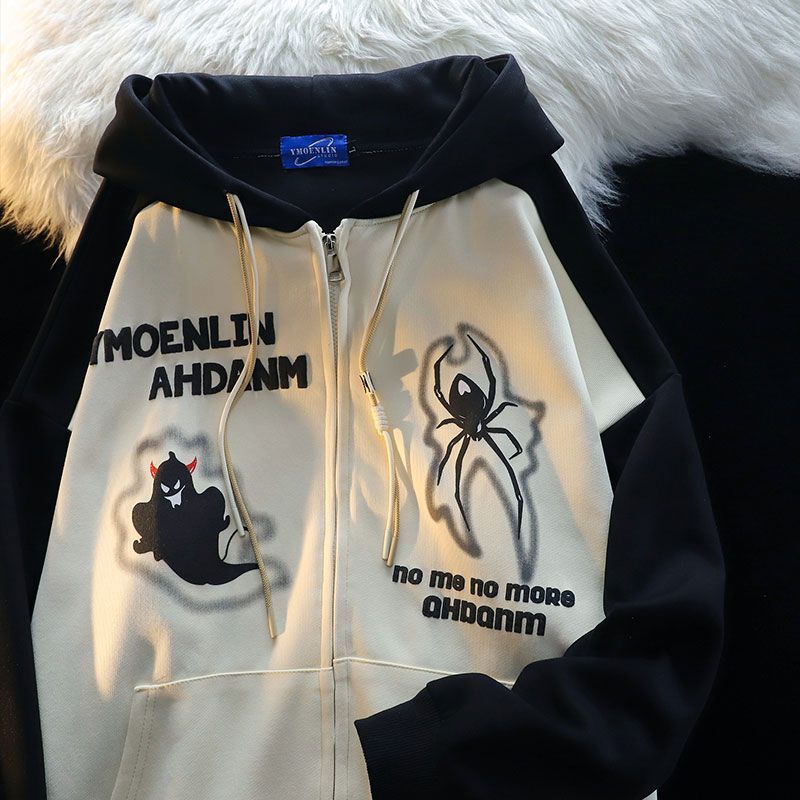 Áo Khoác Hoodie Dáng Rộng In Hình Nhện Phong Cách Đường Phố Mỹ Cá Tính Cho Nam Và Nữ