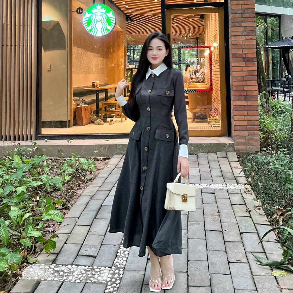 Đầm sơ mi tiểu thư phối cúc đơn giản sang