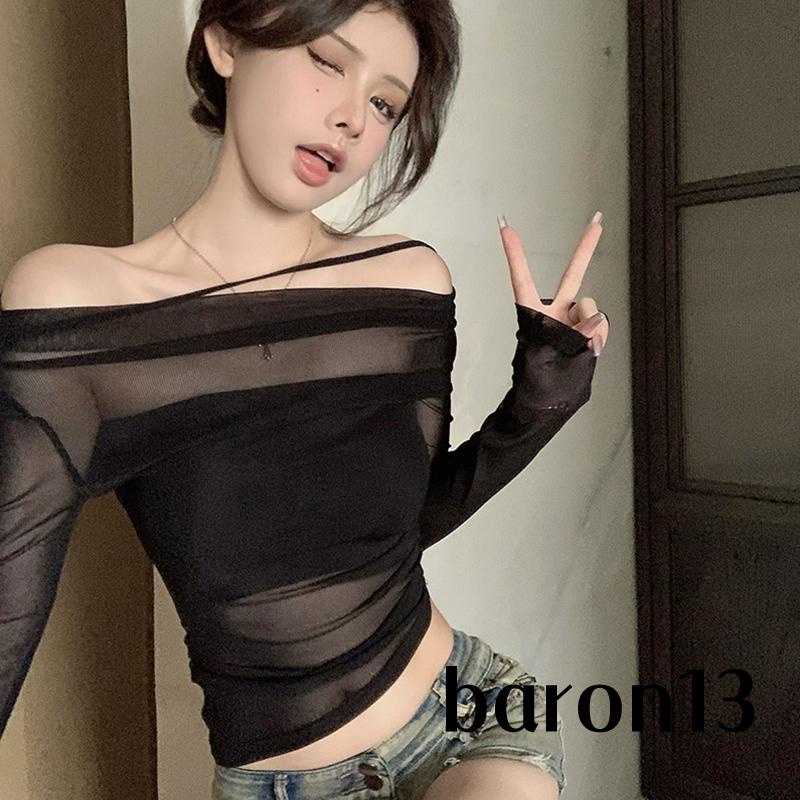 Xo8k-bộ 2 Món Áo Tay Dài Hở Vai Cổ Yếm Xuyên Thấu Cơ Bản Dành Cho Bạn Nữ