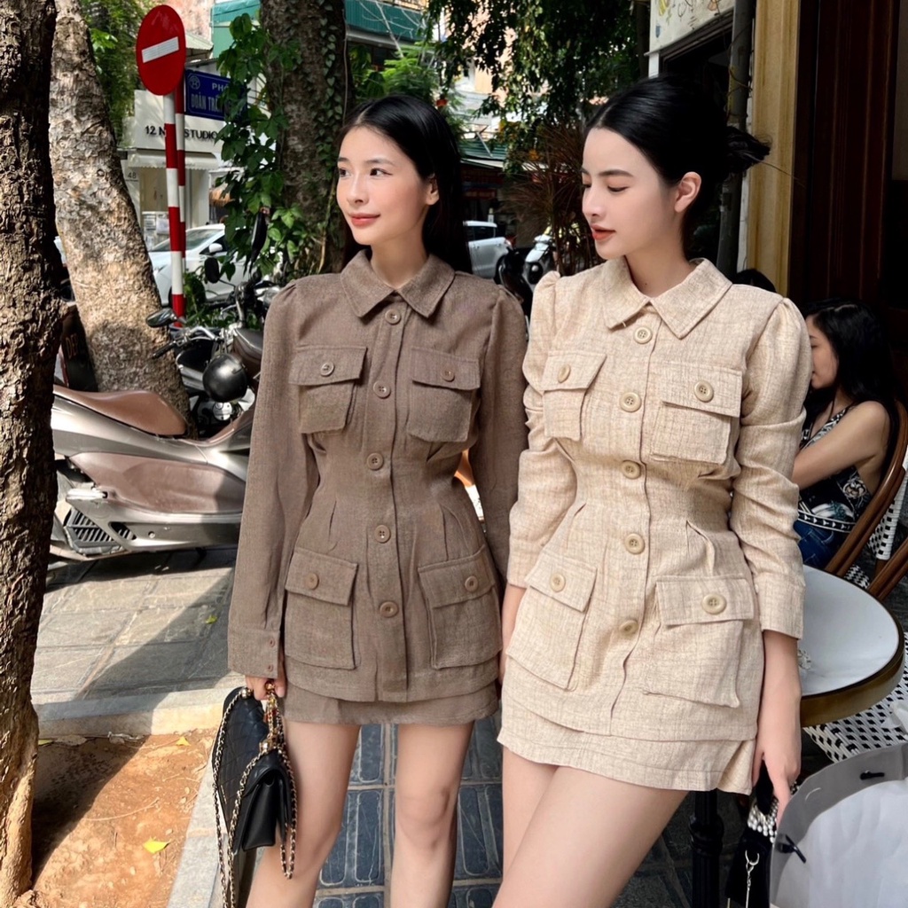 Sét tiểu thư sơ mi tay dài phối túi hộp sang chảnh kèm chân váy
