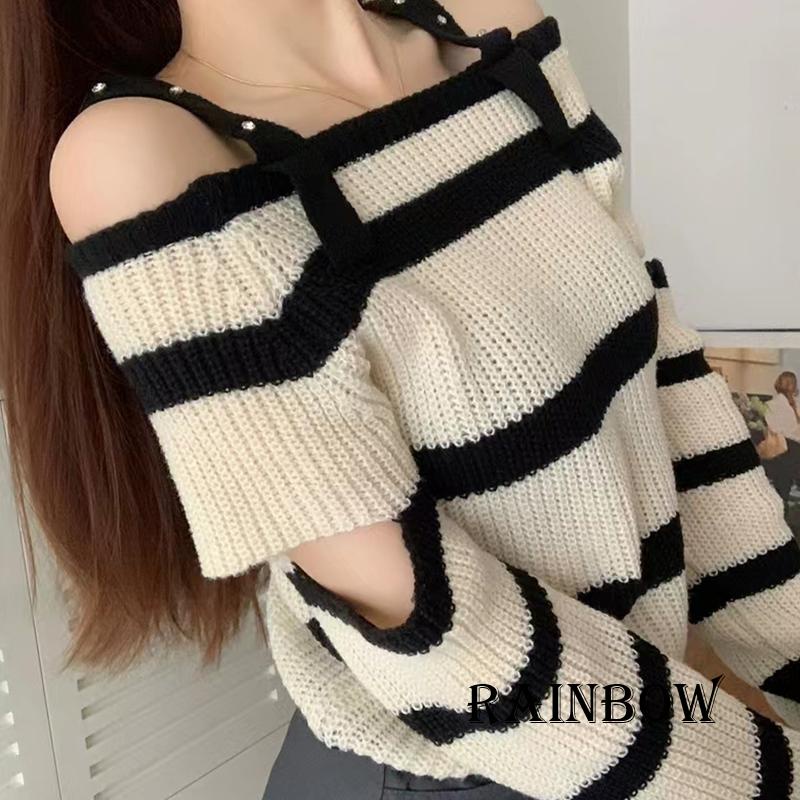 Áo Sweater Trễ Vai Tay Dài Hoạ Tiết Kẻ Sọc Cầu Vồng