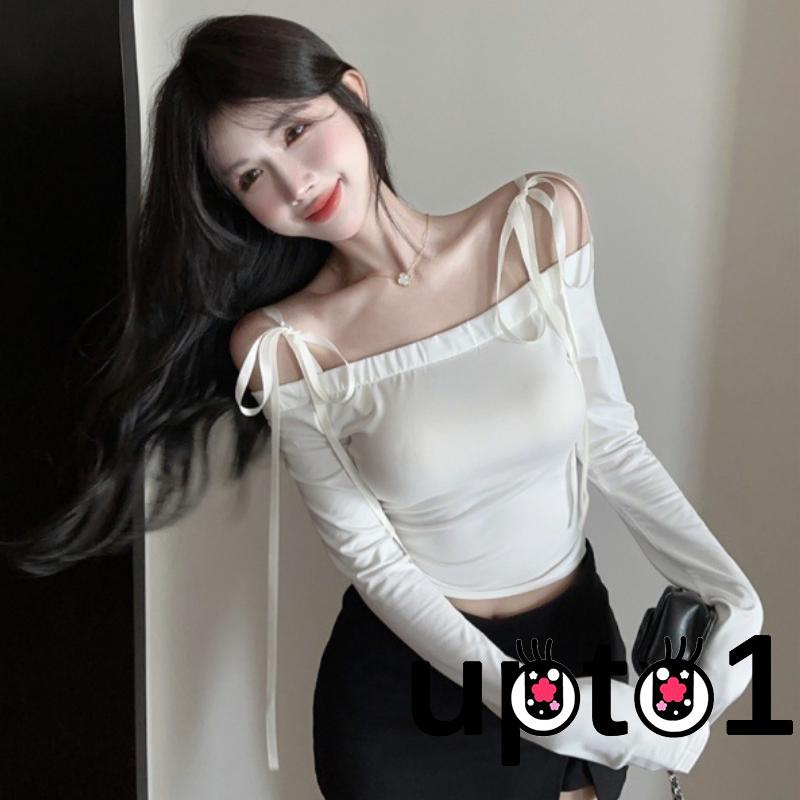 Áo Thun Tay Dài Trễ Vai Thắt Nơ Màu Sắc Trơn Dành Cho Nữ