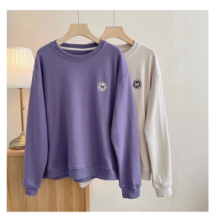 Áo Nỉ Mỏng Cổ Tròn Dáng Rộng Thêu Hình Bướm Phong Cách Xuân Thu Mới Cho Nữ