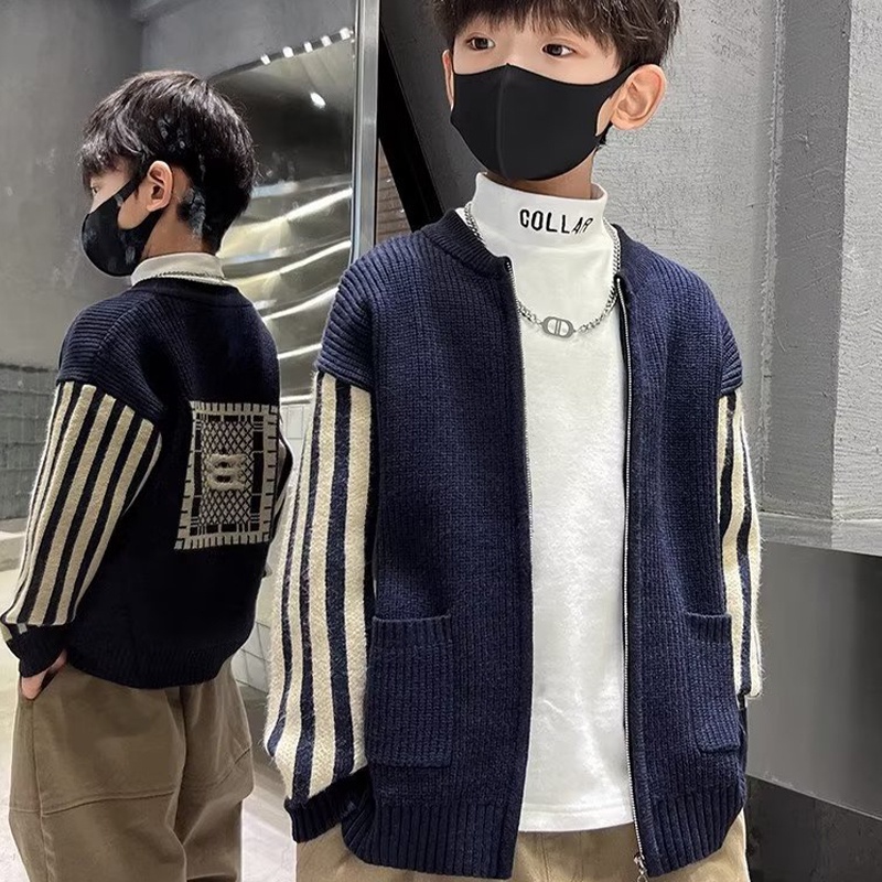 SUPER KIDS quần áo trẻ em Áo Khoác cardigan Dệt Kim Phối Khóa Kéo Thời Trang Cho Bé Trai đồ bé trai