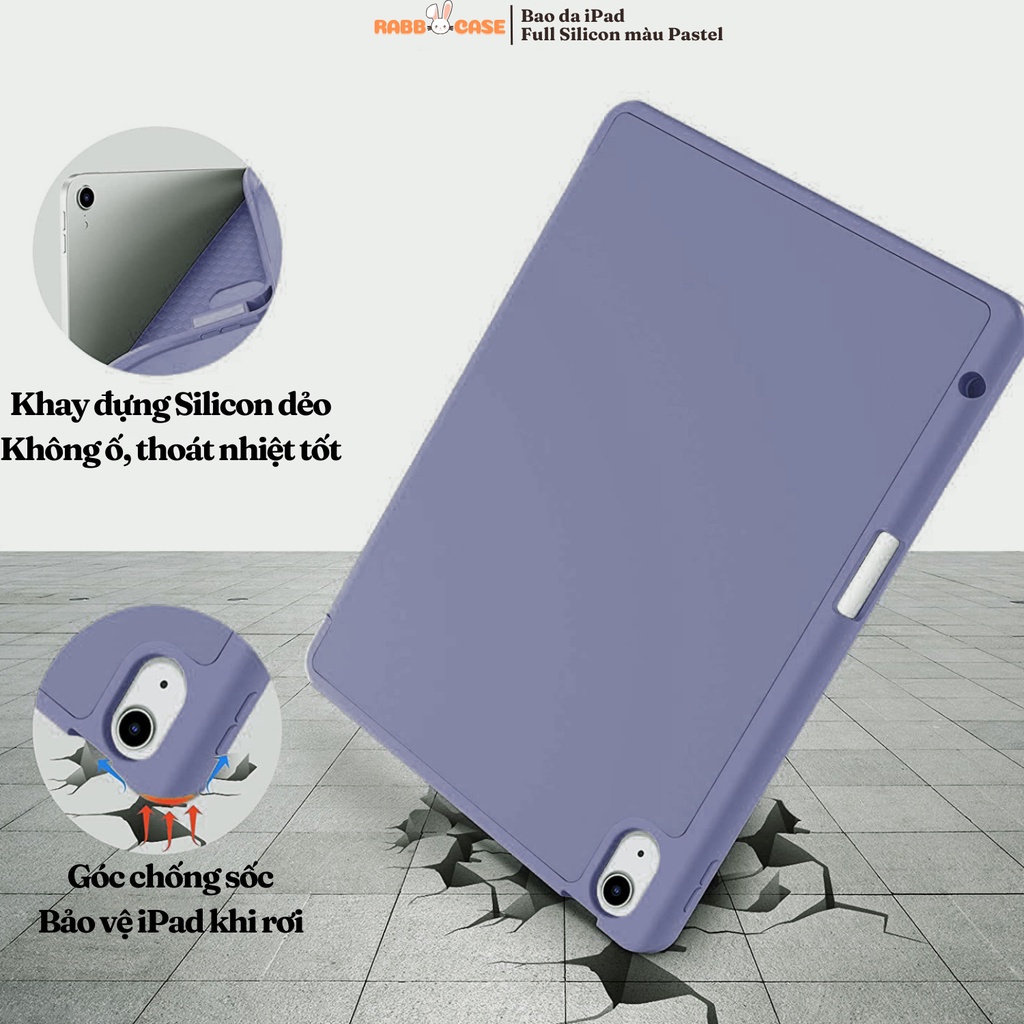 Bao da iPad Full Silicon, khay đựng bút bên phải, màu Pastel, mặt lưng silicon không ố vàng, góc chống sốc bảo vệ máy