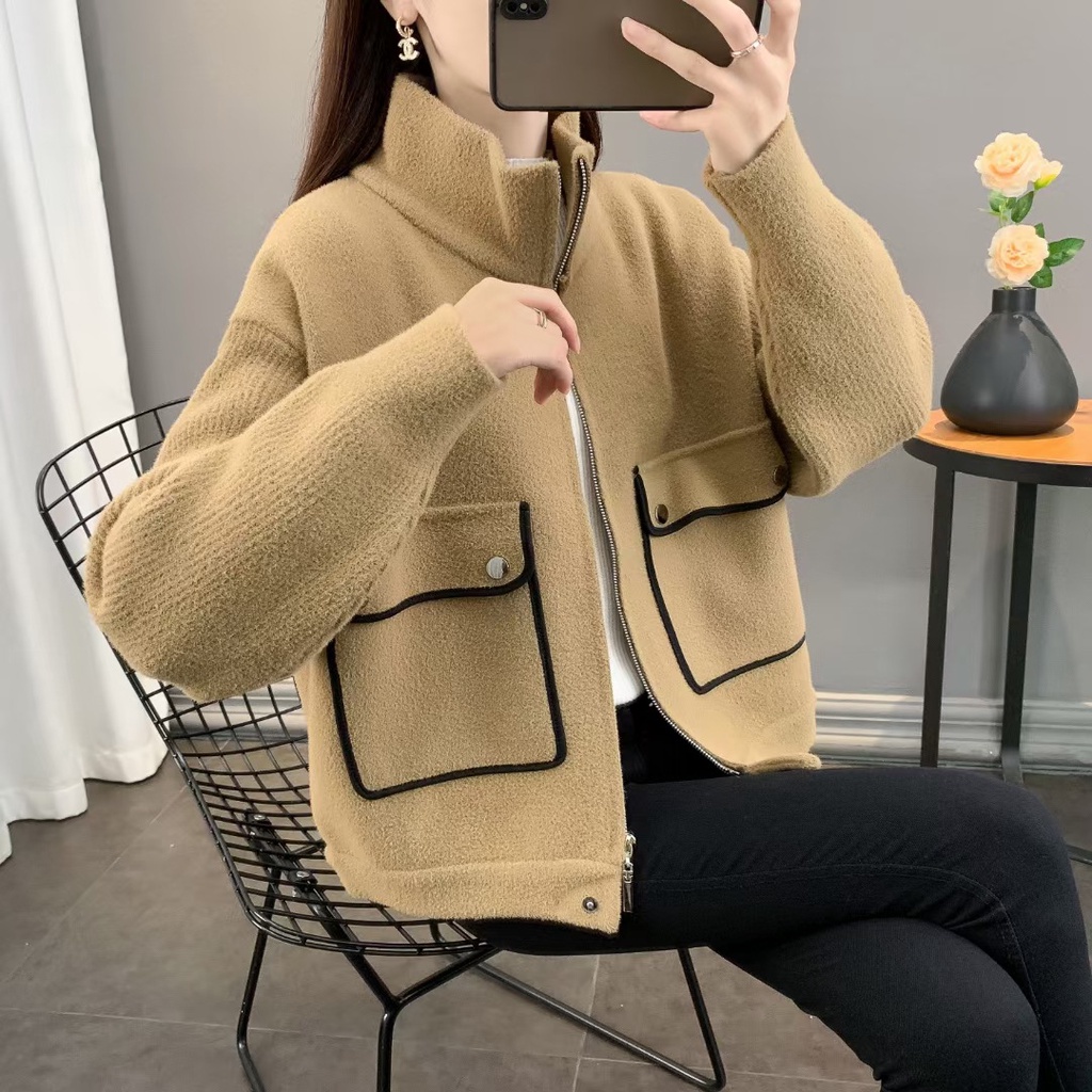 Áo Khoác Len Giả Hai Mặt Có Mũ Trùm Dáng Rộng Họa Tiết Sọc Caro Thời Trang Thu Đông Hàng Mới 2023