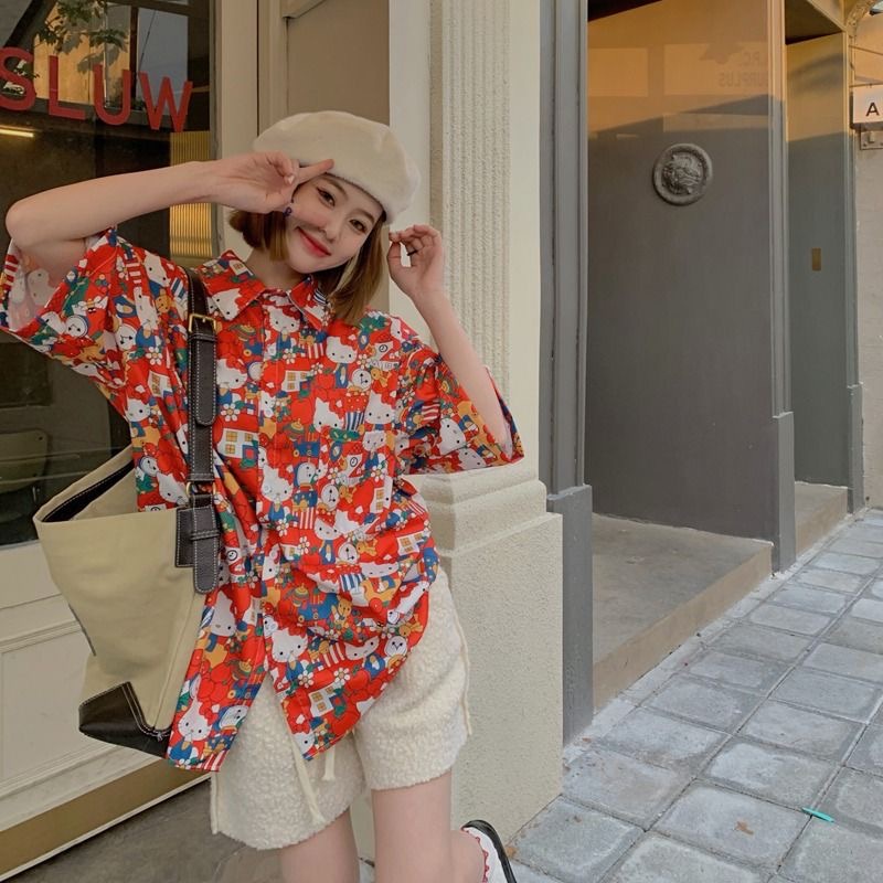 Cinnamoroll Áo Sơ Mi Tay Ngắn Dáng Rộng In Họa Tiết Mèo Thời Trang Mùa Hè Xinh Xắn Cho Nữ