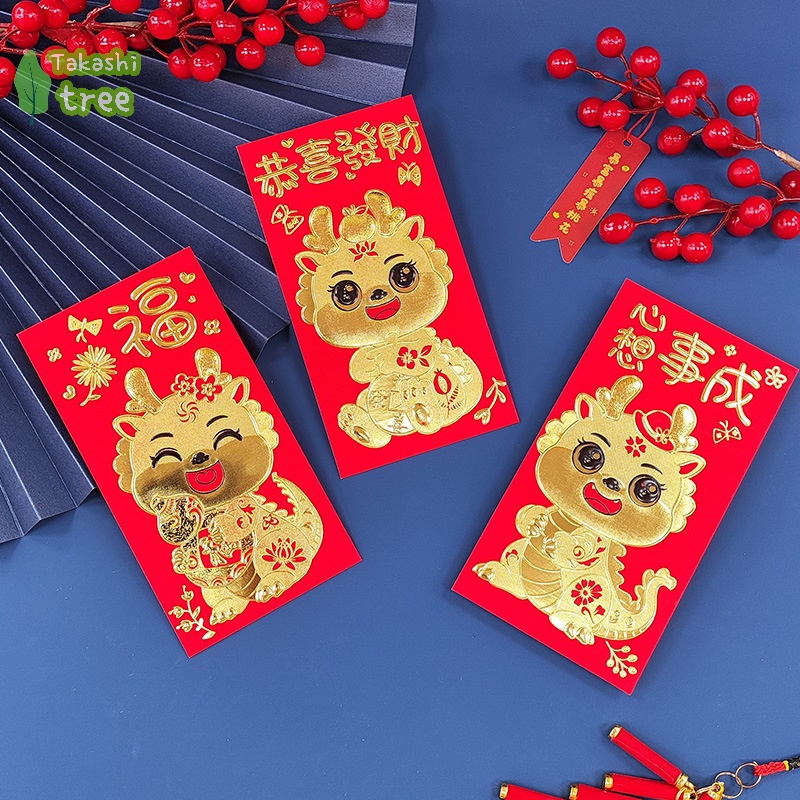 Set 6 Bao Lì Xì Năm Mới 2024 Họa Tiết Rồng Đỏ Phong Cách Trung Hoa