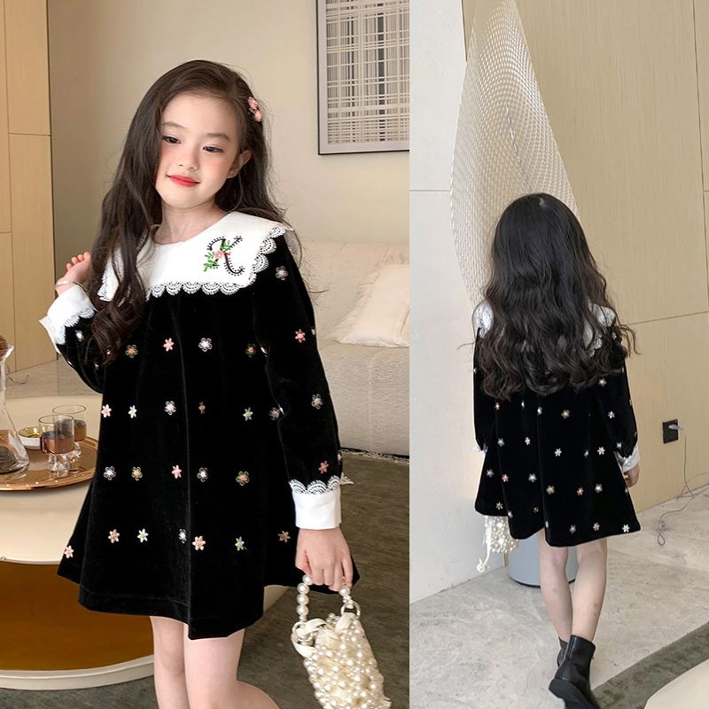Đầm Nhung Tay Dài Cổ Búp Bê Cỡ Lớn Thời Trang Xuân Thu Cho Bé Gái 110-170