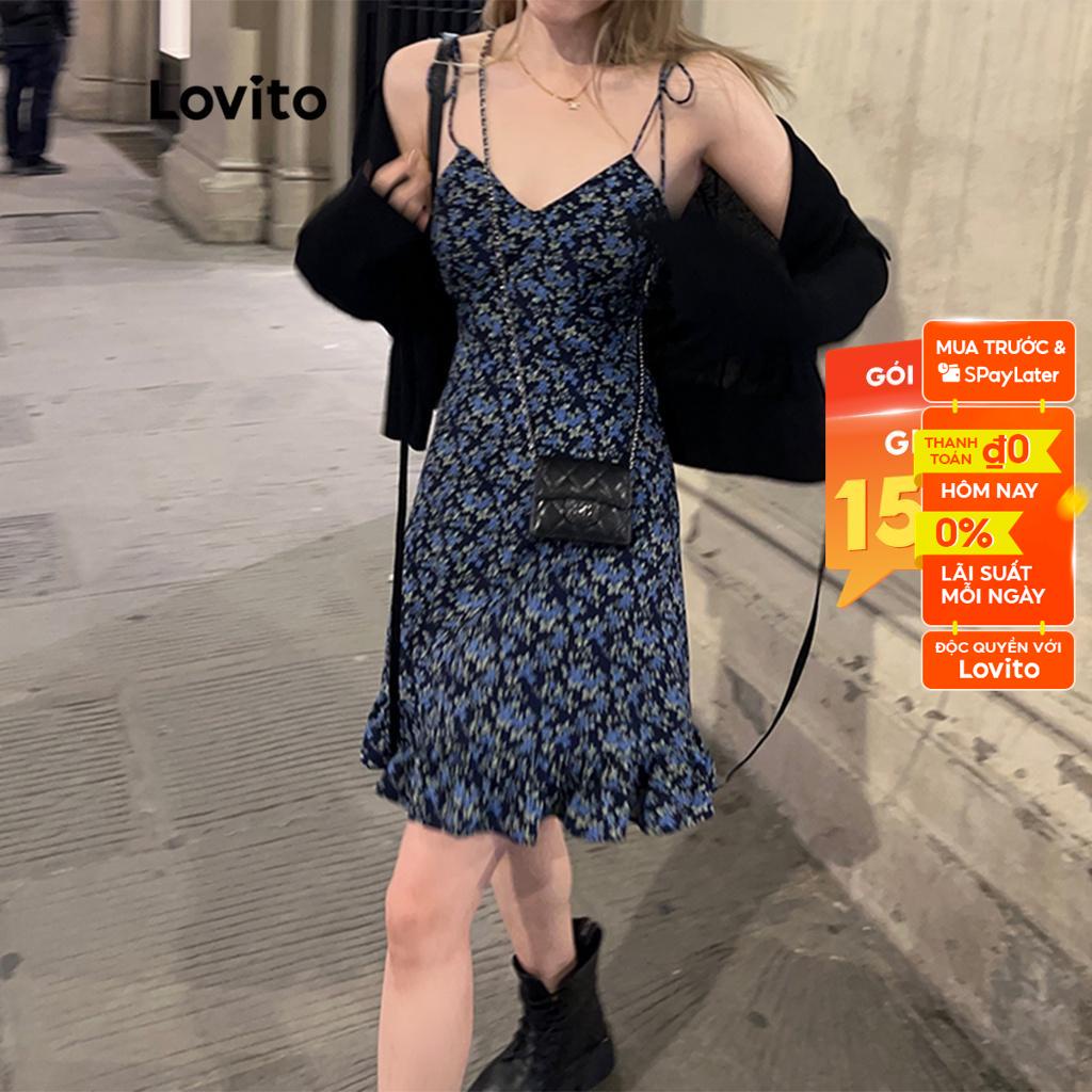 Đầm xòe mini Lovito cổ chữ V không tay họa tiết hoa nhí cột dây phía trước viền xếp nếp cho nữ L53AD049 (hoa/ hoa cúc)