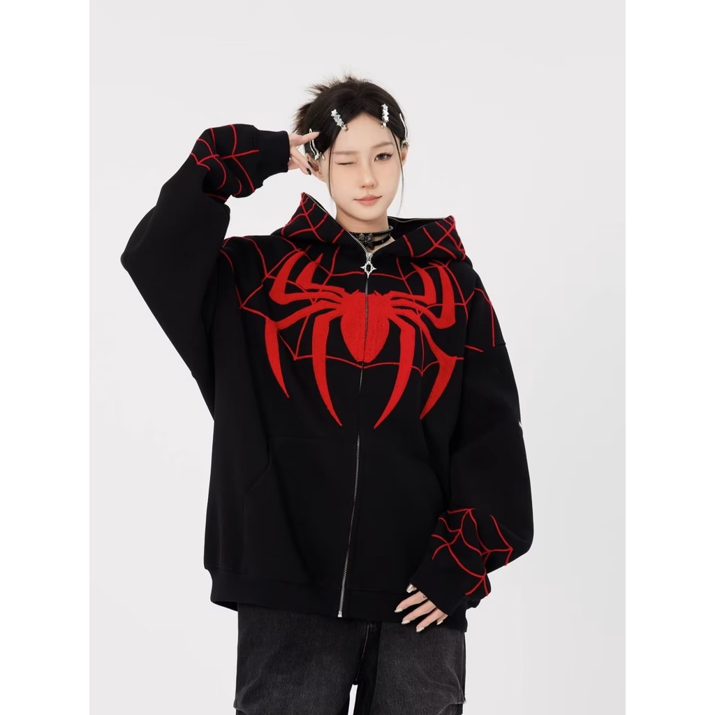 Áo Khoác sweater Phối Khóa Kéo Thêu Hình Nhện Thời Trang Mùa Thu Cho Các Cặp Đôi