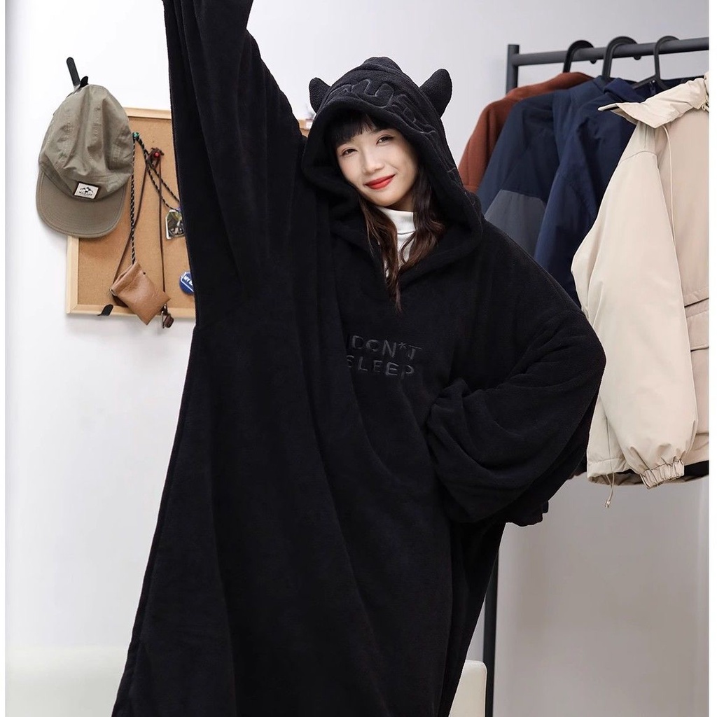 Áo Choàng Ngủ Một Mảnh Có Mũ Trùm Dáng Rộng Oversize Thời Trang Mùa Đông Cho Cặp Đôi