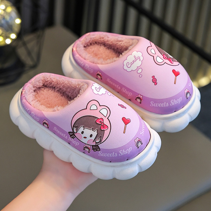 Dép Đi Trong Nhà Bằng Da Lót cotton Chống Trượt Chống Thấm Nước Thời Trang Mùa Đông Cho Bé