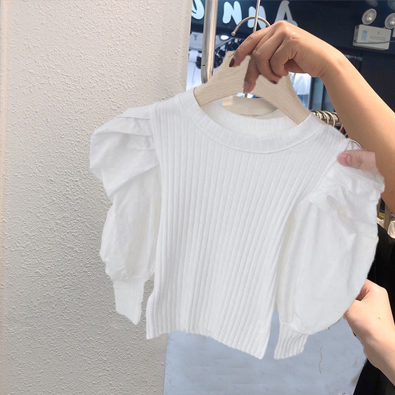 Áo Thun cotton Tay Dài Phồng Thời Trang Xuân Thu Dành Cho Bé Gái 3-7 Tuổi