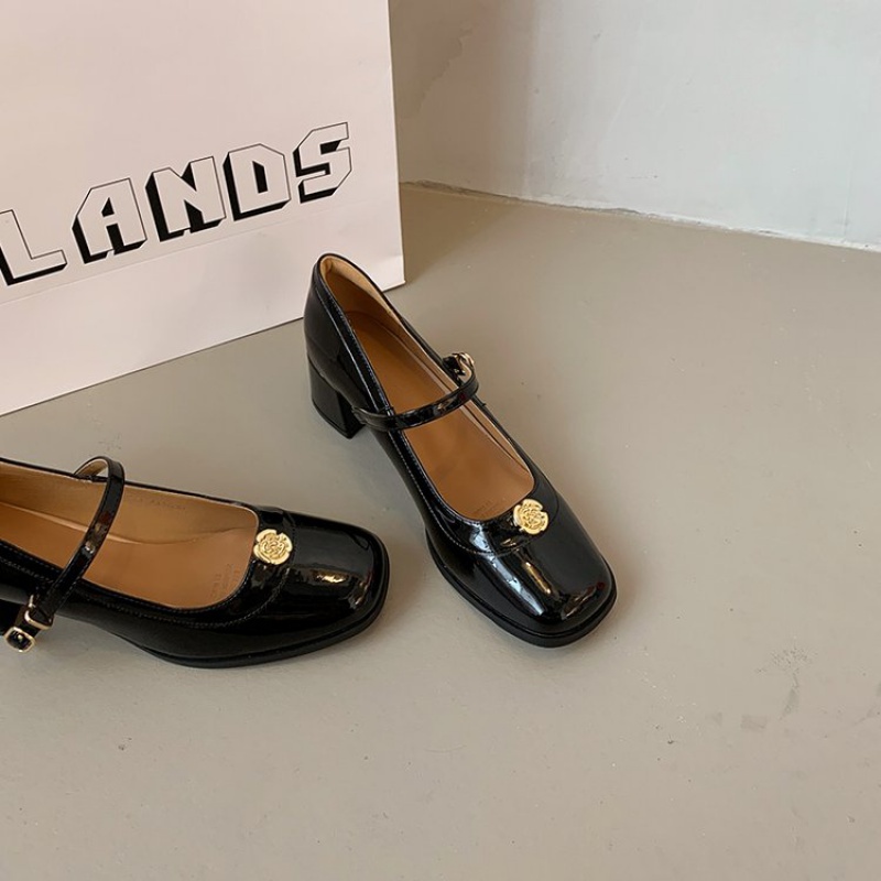 Light-cut single-layer shoes solid color PU one-character buckle with square heel round toe low-top shoes D6GH