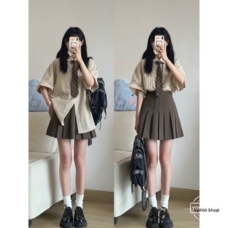 Plus Bộ Áo Sơ Mi Kẻ Sọc + Chân Váy Xếp Ly Kiểu vintage Thời Trang Mùa Hè Cho Học Sinh