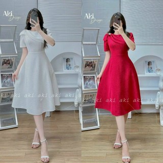 Đầm váy nữ dự tiệc dáng xòe phối cổ cách điệu kèm phụ kiện
