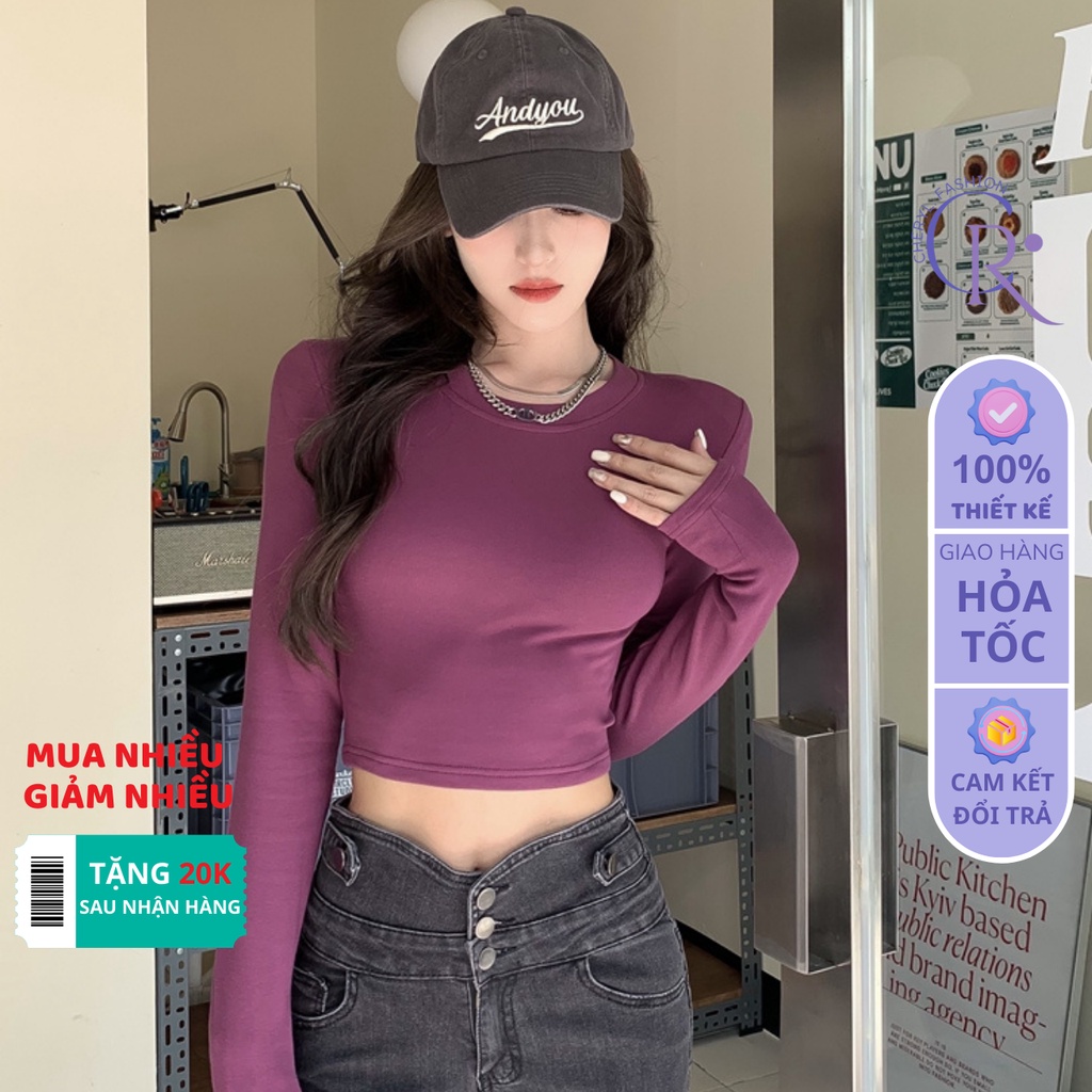 Áo croptop cổ tròn tay dài nữ dáng ôm vải thun coton co giãn 4 chiều kiểu basic  body màu đen đẹp CHR278