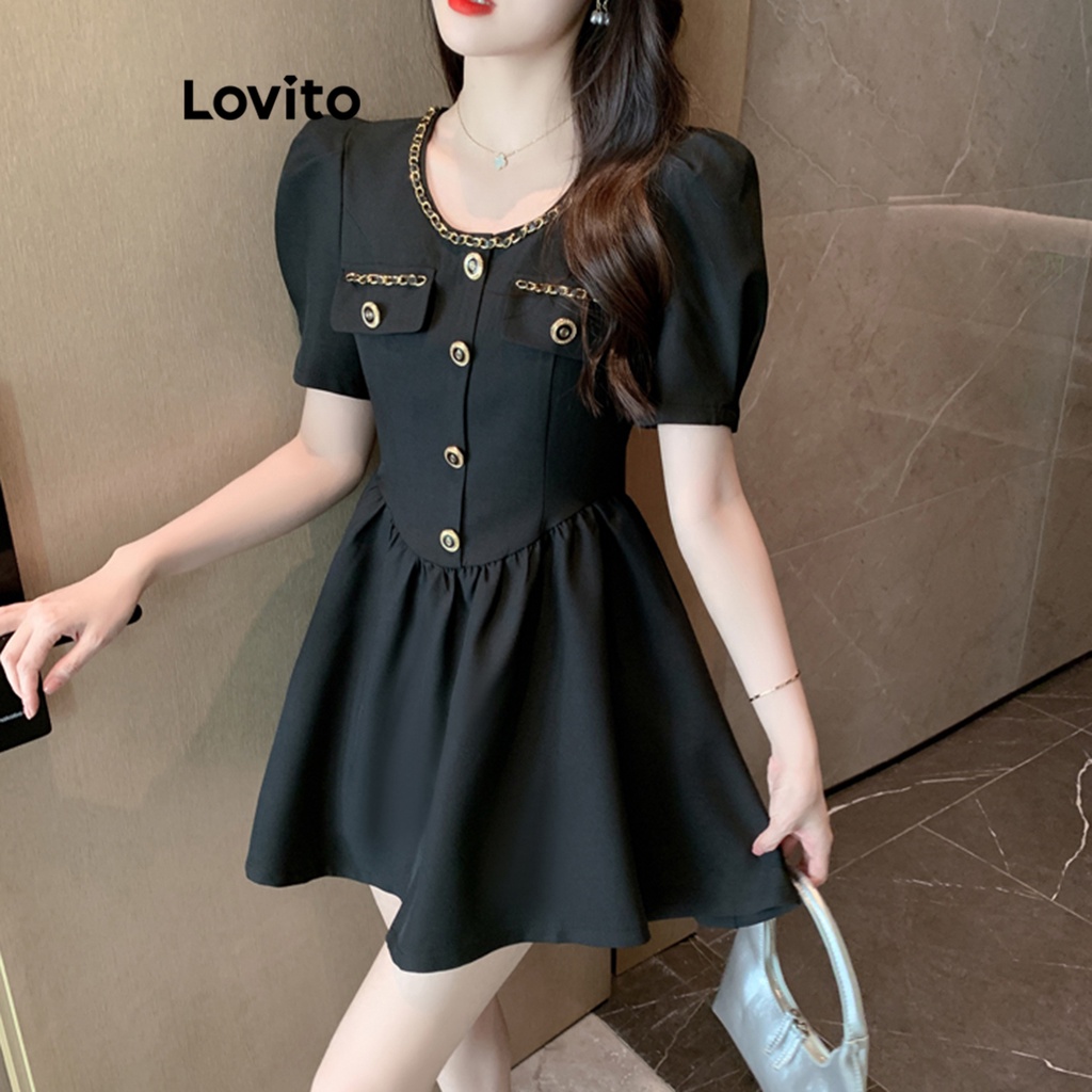 Lovito Đầm chuỗi nút trơn thông thường cho nữ LNA35128