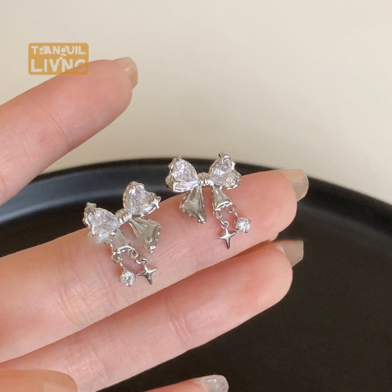 Bông Tai Đinh Tán Đính Đá zircon Thắt Nơ Tinh Tế Kiểu Hàn Quốc Thích Hợp Làm Quà Sinh Nhật Cho Nữ