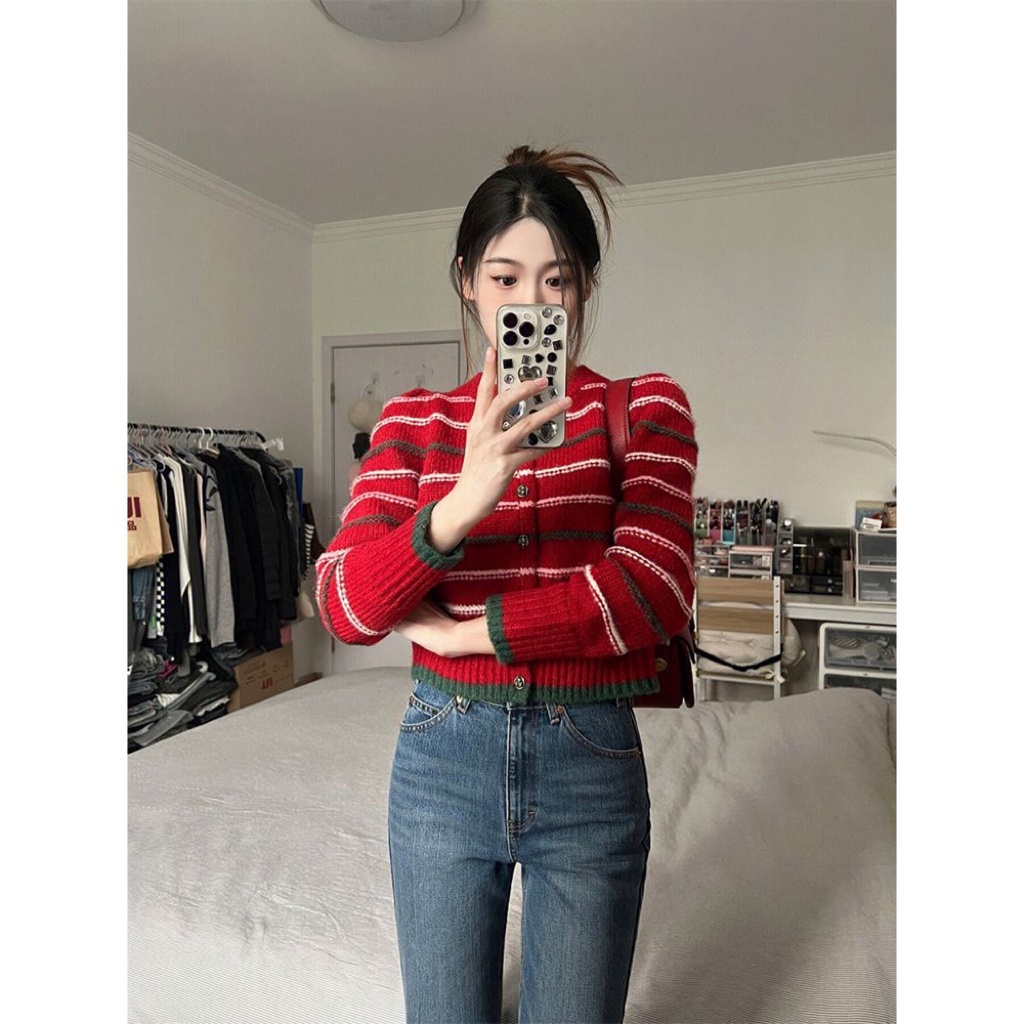 Áo Khoác sweater Màu Đỏ Sang Trọng Phong Cách hong kong Cổ Điển Mùa Thu Và Mùa Đông Độc Đáo Cho Nữ