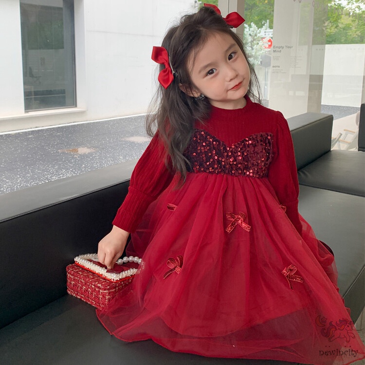 Đầm Công Chúa Giả Hai Lớp Đính Kim Sa Thắt Nơ Phong Cách Hàn Quốc Cho Bé Gái