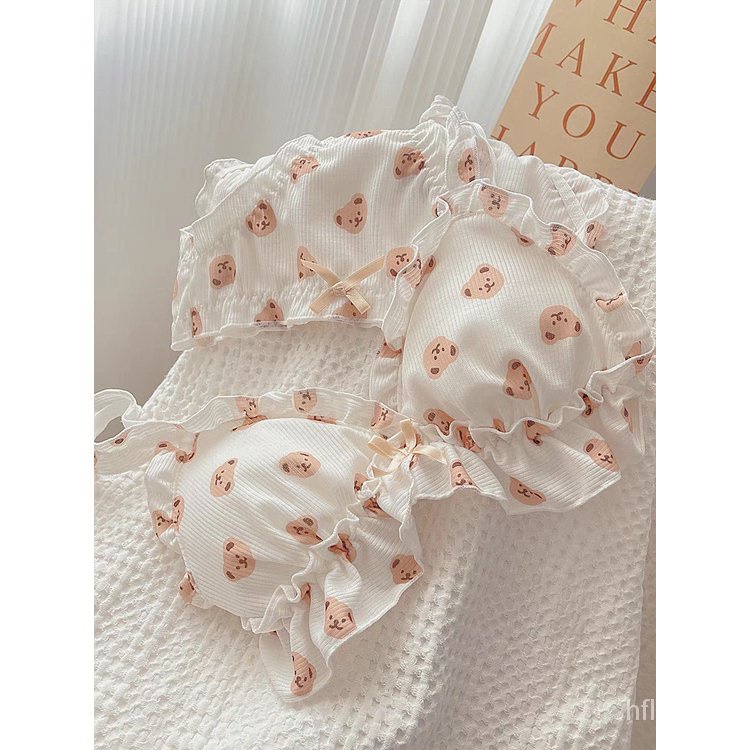 Set Đồ Lót 1 Món Không Dây Phối Bèo Nhún In Hình Gấu Hoạt Hình Nhật Bản Dễ Thương Cho Bạn Gái