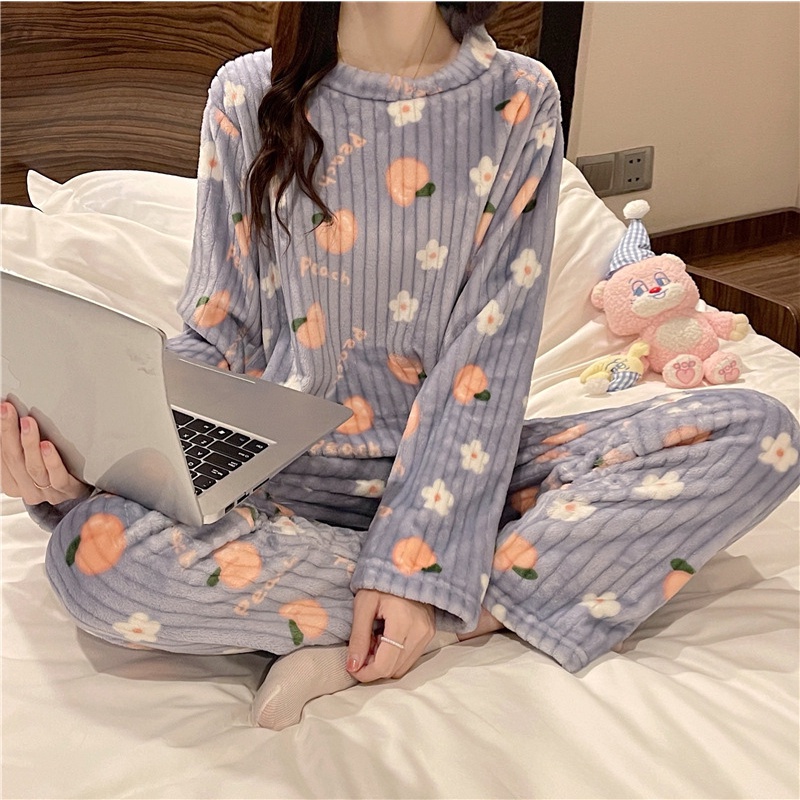 ZHENGYIZHIDAO Bộ Đồ Ngủ Tay Dài Chất Nỉ Dày Dặn Thời Trang Xuân Thu Dễ Thương Cho Nữ