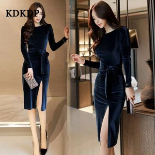 Kdkdp Đầm Nhung Dài Vừa Xẻ Tà Ôm Hông Eo Cao Tay Dài Màu Vàng Đồng Thời Trang Xuân Thu Đông Cá Tính Cho Nữ