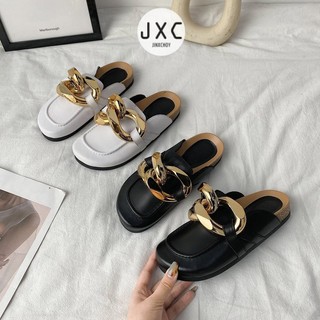 JINxCHOY  Dép Bít Mũi Đế Bằng Phối Dây Xích Thời Trang Dành Cho Nữ  