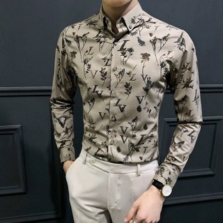 Áo Sơ Mi Nam Dài Tay Họa Tiết Hoa Văn Phong Cách retro Hàn Quốc