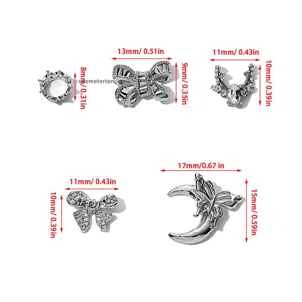 Rten Set 5 Phụ Kiện Trang Trí Móng Tay Nghệ Thuật Bằng Hợp Kim Hình Nơ 3d Màu Bạc Đính Đá Quý Nhân Tạo n