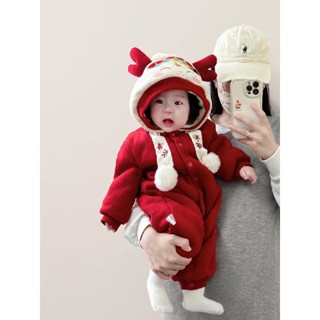 [Quần áo năm mới ấm áp dày] Quần áo mùa đông cho bé 2025 Bộ áo liền quần lót lông cừu siêu dễ thương cho bé Áo liền quần toàn năm Quần áo có mũ trùm đầu dễ thương