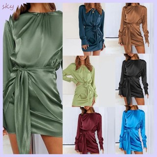 Đầm satin Tay Dài Cổ Tròn Màu Sắc Trơn Cột Eo Thời Trang Quyến Rũ Cho Nữ