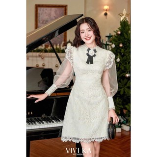 VIVIKA - Đầm ren cổ phối đăng tay lưới - VKDA00420