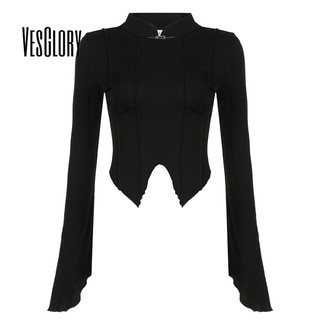 VesGlory Nữ Crop Top Thời Trang Mới Màu Trơn Tay Dài Cổ CaoSlim Fit Áo Thun