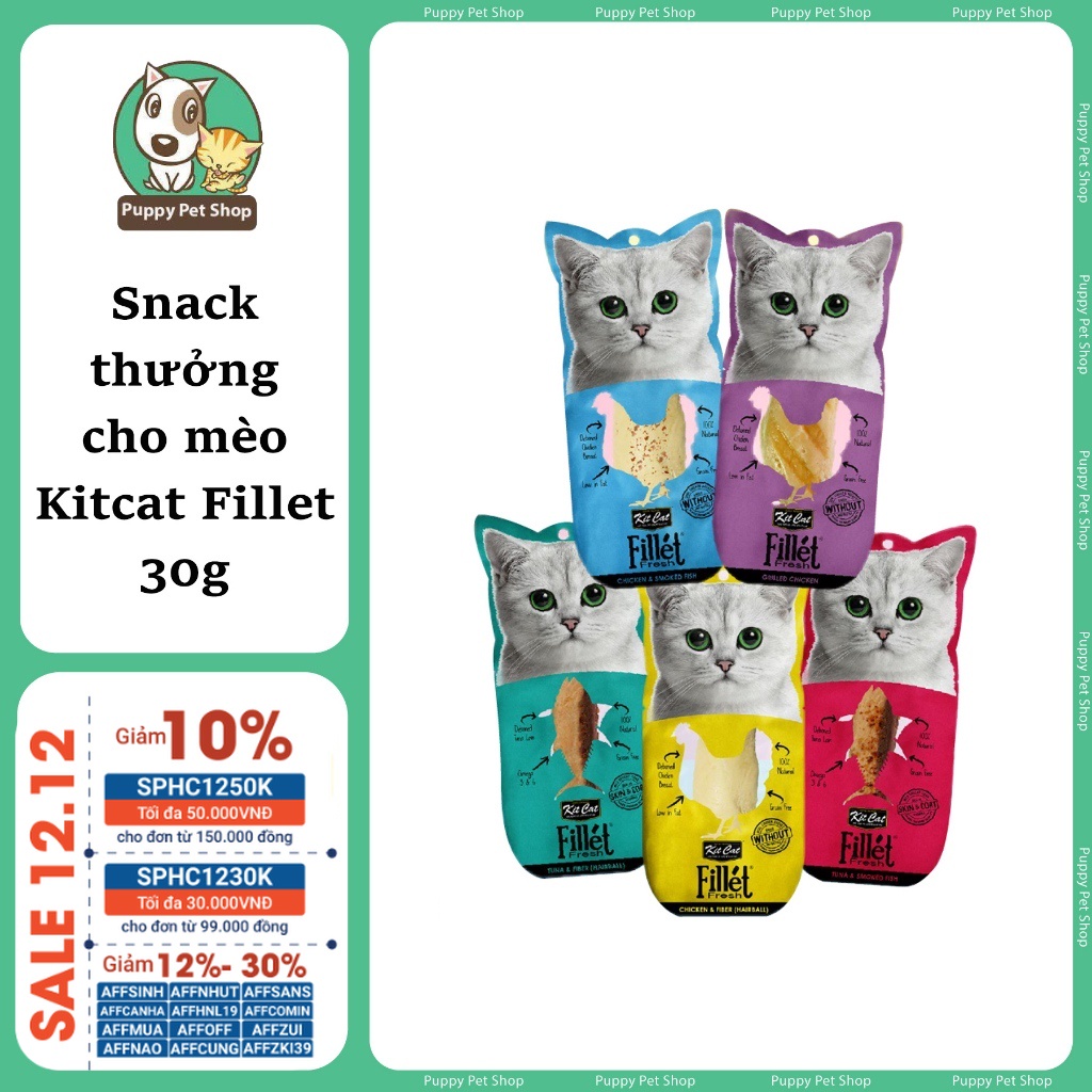 Snack thưởng Phi lê gà và cá ngừ KitCat nguyên miếng cho mèo 30g- Thịt thật siêu thơm ngon