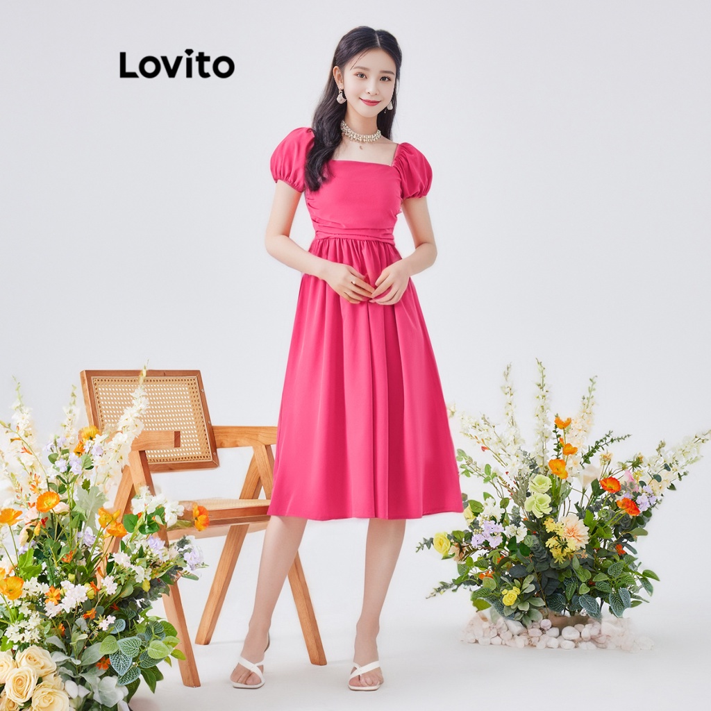 Đầm dạ hội Lovito phong cách Boho màu trơn xếp nếp tay phồng dành cho nữ L54ED091 (Hot hồng)