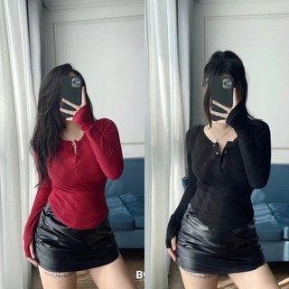 Áo Thun Nữ  Cổ Tròn Chất Gân Đũa Tay Dài Vạt Bầu Phối Cúc Thời Trang Giá Rẻ Nhất Sale Ngay Tại Shopee