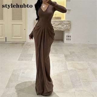 Stylhubto kl-8480-ac55 # 2023 Đầm Dài Cổ Chữ v Ôm Eo Phong Cách Pháp Thời Trang Thu Đông
