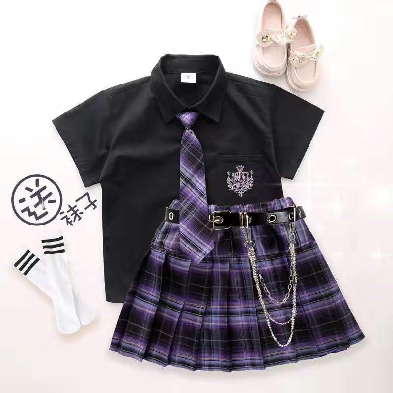 Bộ đồ bé gái lớn jk Váy đồng phục Váy xếp ly mùa hè Bộ đồ trẻ em jk Váy kẻ sọc cô gái jk Váy đồng ph