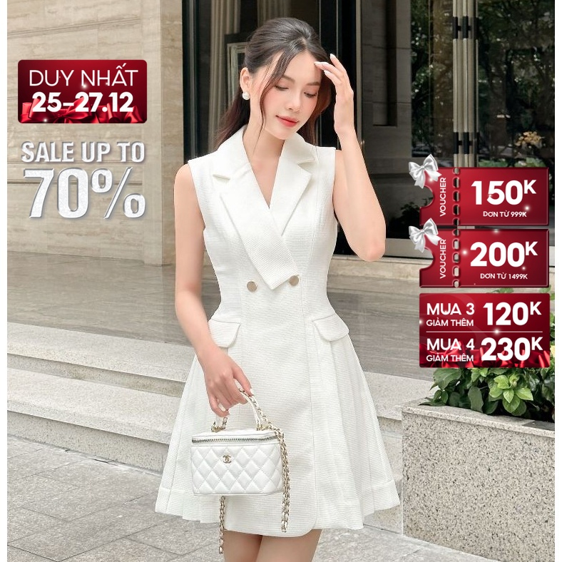 SALE UP TO 50% + VC 200K || JOVEN Đầm Eleanor Cổ Vest Chiết Eo Trẻ Trung Thanh Lịch