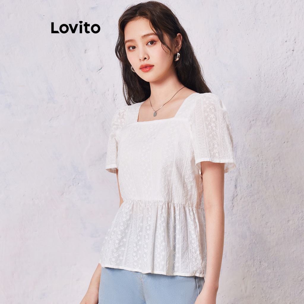 Áo kiểu Lovito tay phồng thêu lỗ xâu màu trơn thường ngày cho nữ LNE16177
