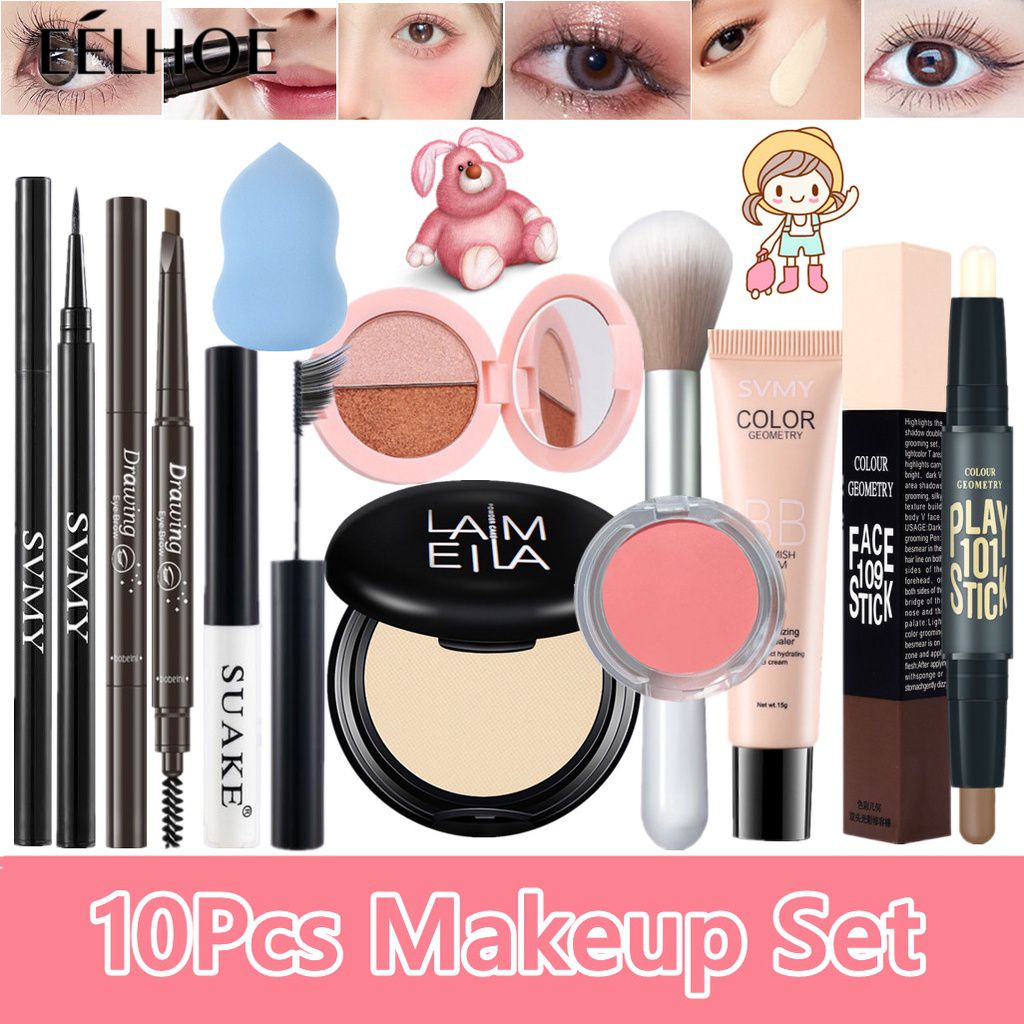 Bộ 10 Mỹ Phẩm Trang Điểm Phấn Nền mascara Bút Kẻ Mắt Kem BB Tạo Khối Phấn Má Hồng Lâu Trôi Chống Thấm Nước Màu Đen