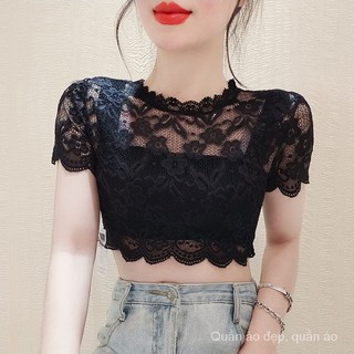 Áo Thun Ngắn Tay Lửng 0C Phối Ren Lưới Một Bên Vai Phong Cách Mới Dành Cho Bạn Nữ