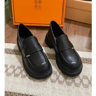 Giày moca nữ miu miu chất da mờ, loafer nữ miu nhỏ đế cao 4cm, giày búp bê miu mũi tròn tăng chiều cao