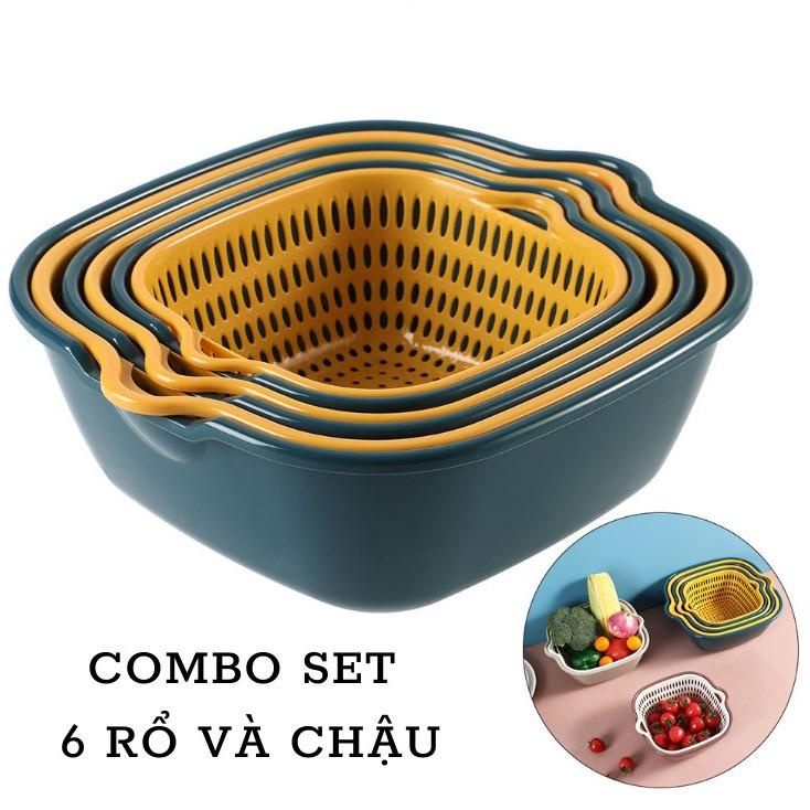 ComBo Bộ rổ vuông 6 món, gồm 3 chậu và 3 rổ, chất liệu nhựa an toàn, dày dặn, nhựa nguyên sinh PP